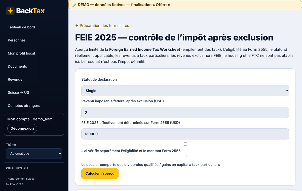 Fictional example — 5. FEIE and FTC